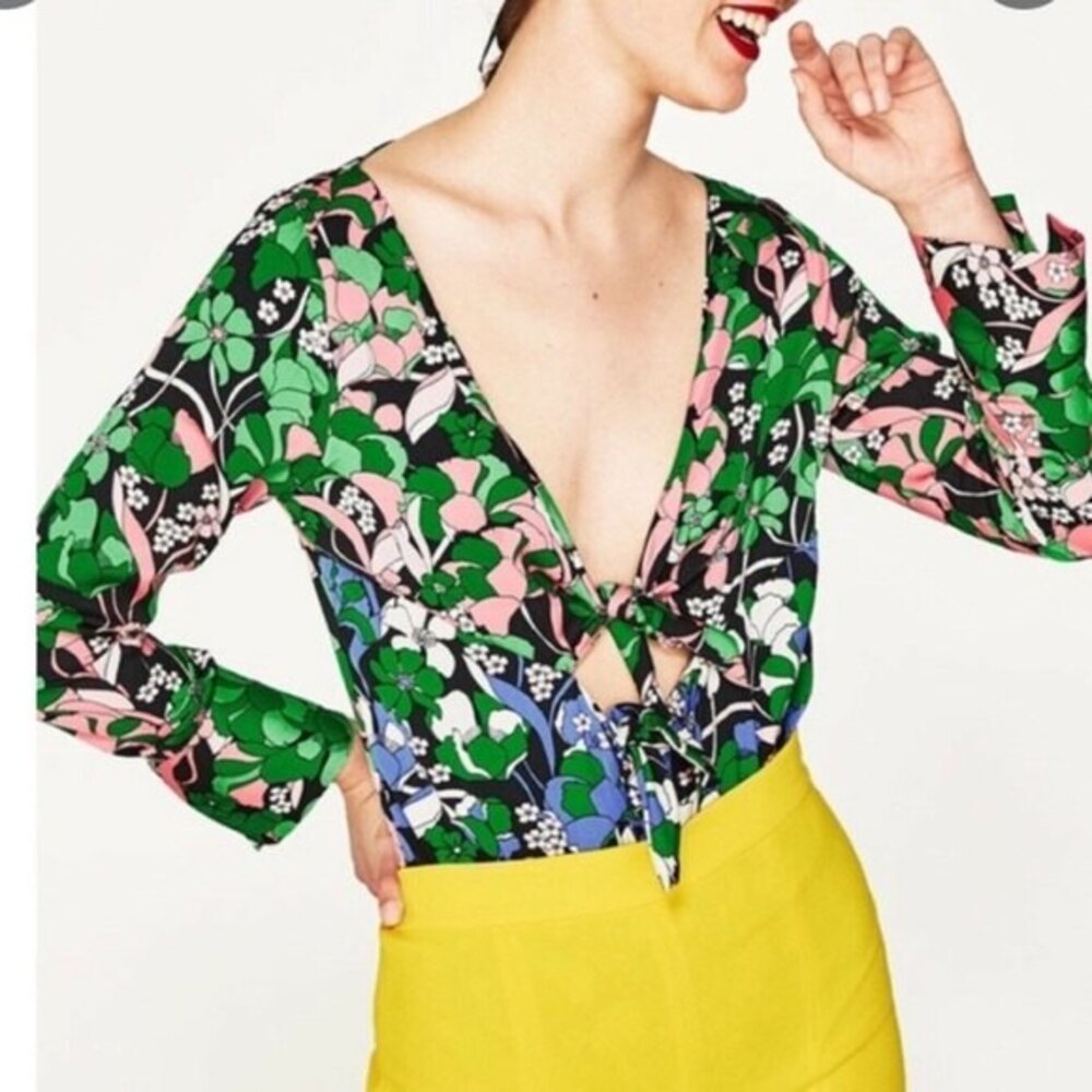Zara Floral Front Tie Long Sleeve Bodysuit S NWOT